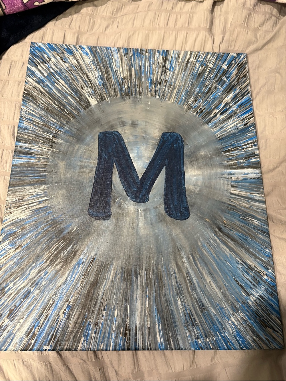 Hand-Painted Blue & Silver 'M' Monogram Canvas Art